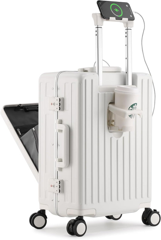🧳Versatile Aluminum Frame Carry-On Luggage with USB Charging Port, Front Compartment, TSA Lock