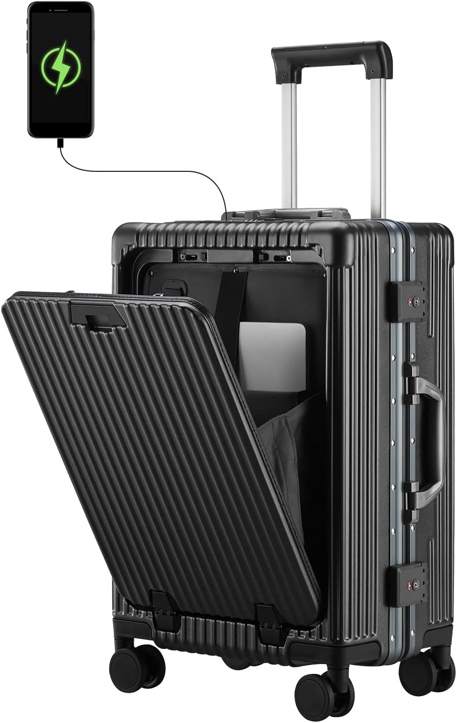 🧳Versatile Aluminum Frame Carry-On Luggage with USB Charging Port, Front Compartment, TSA Lock