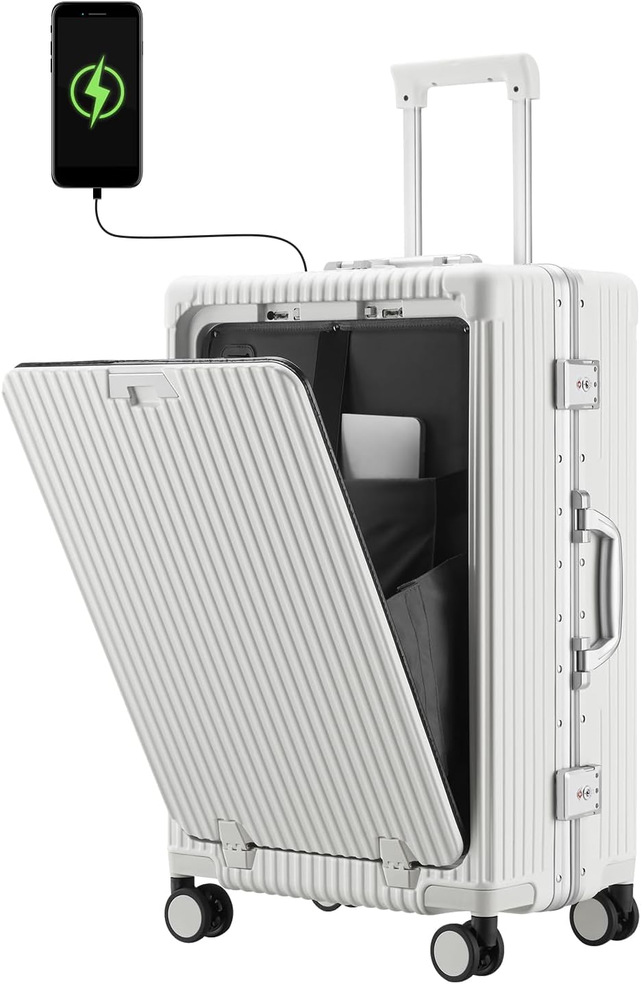 🧳Versatile Aluminum Frame Carry-On Luggage with USB Charging Port, Front Compartment, TSA Lock