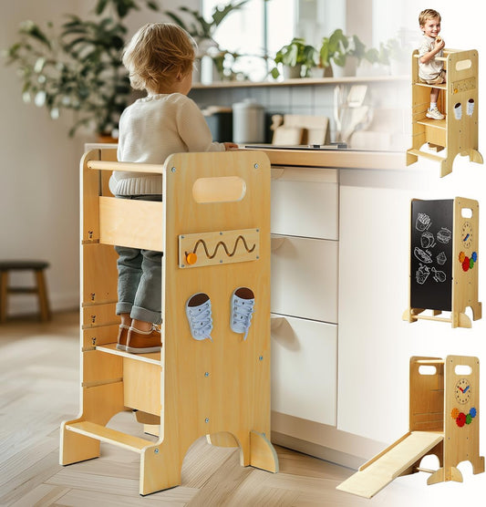 ✨4-in-1👶🏻Toddler Wooden Learning Tower🍼with Slide, Chalkboard🎨, High Chair🪑