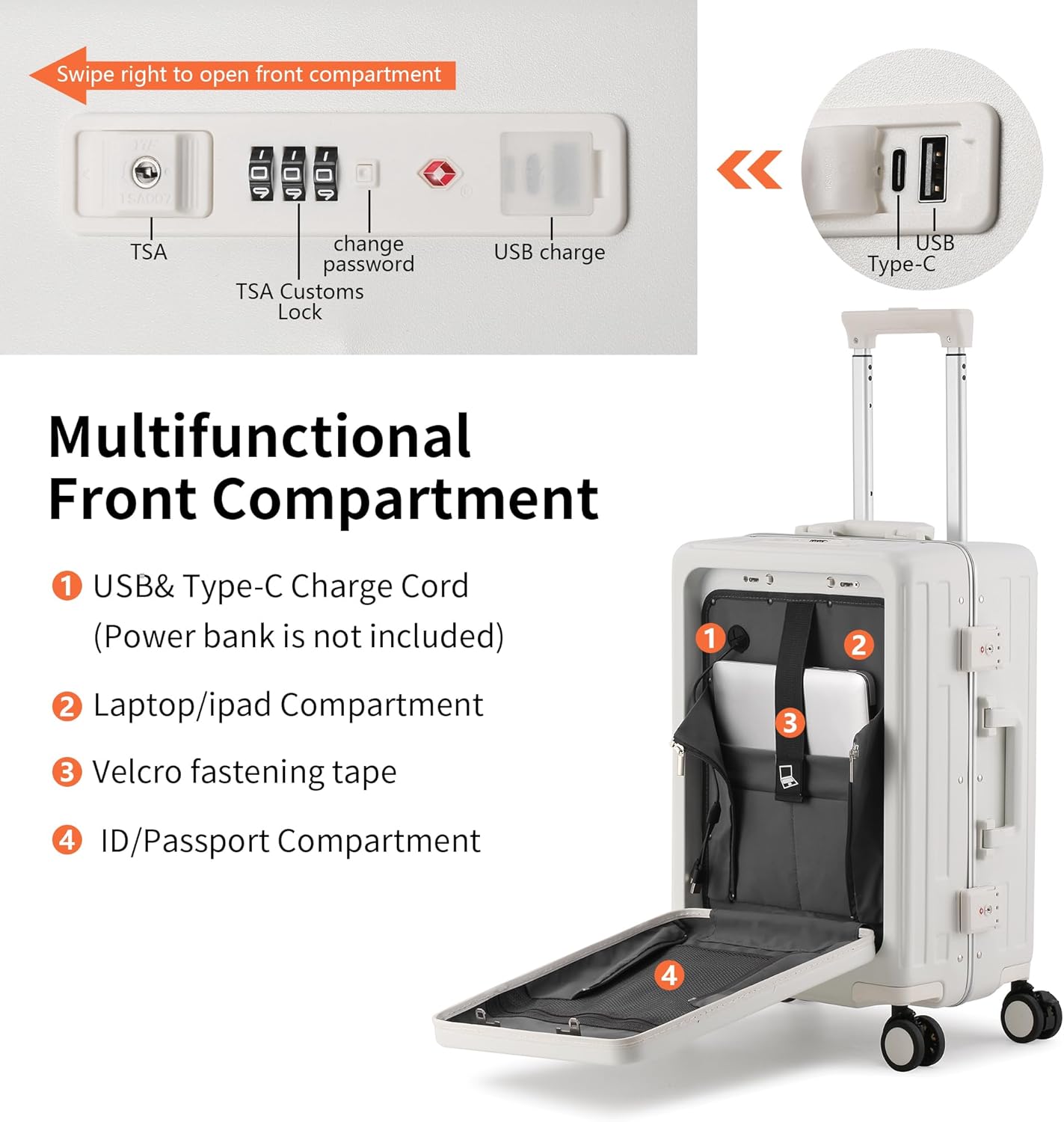 🧳Versatile Aluminum Frame Carry-On Luggage with USB Charging Port, Front Compartment, TSA Lock