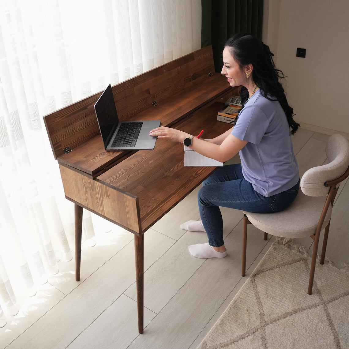 Small Writing Table, Solid Wood Standing Desk, Mid Century Modern Office Table